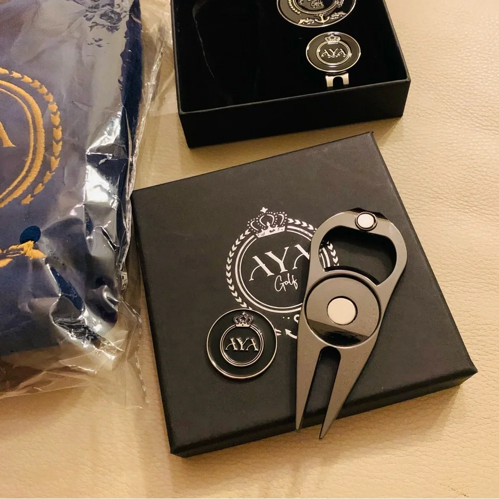 Golf Accessory Set - Blue and Gold/Silver 4 items NEW never used AYA golf